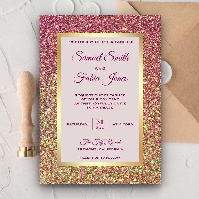 Invitación de boda con purpurina rosa y lámina de  (Subido por el creador)