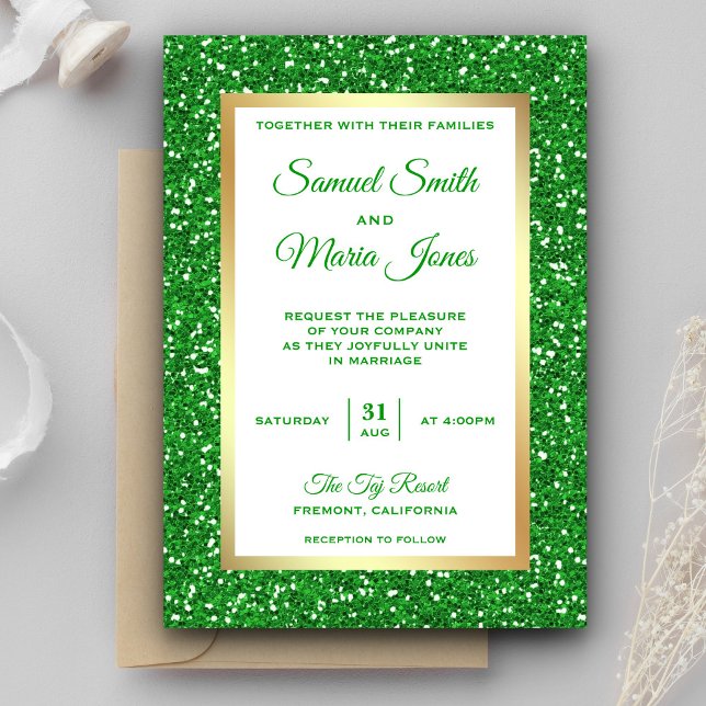 Invitación de boda con purpurina verde y lámina de (Subido por el creador)