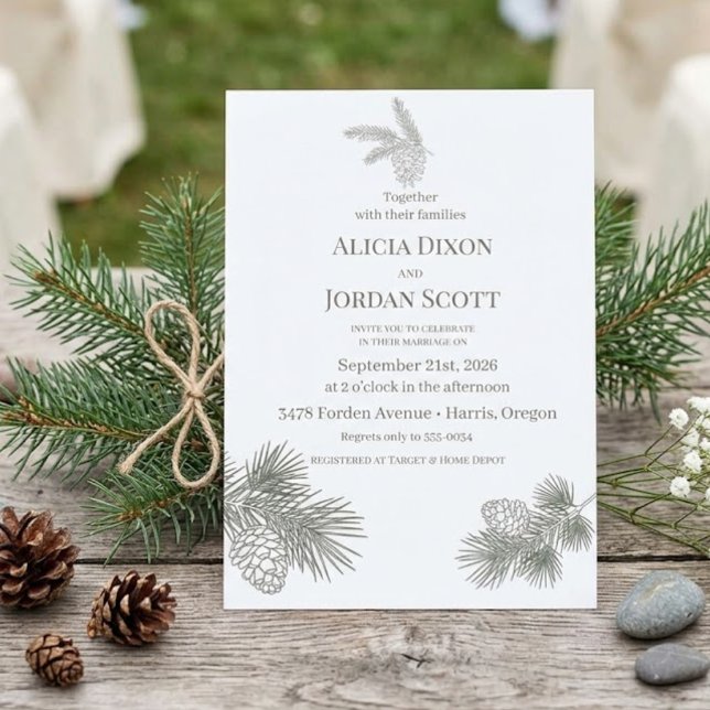 Invitación de boda con ramas de pino rústicas y fo (Subido por el creador)