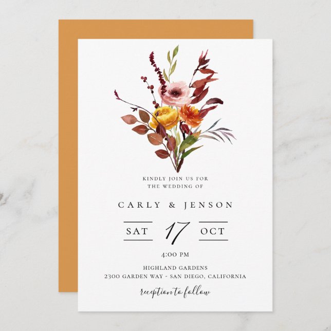Invitación de boda con ramo de acuarela de otoño e (Anverso / Reverso)