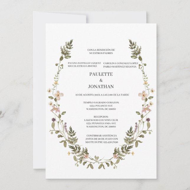 Invitación de boda con ramo de flor silvestre (Anverso)