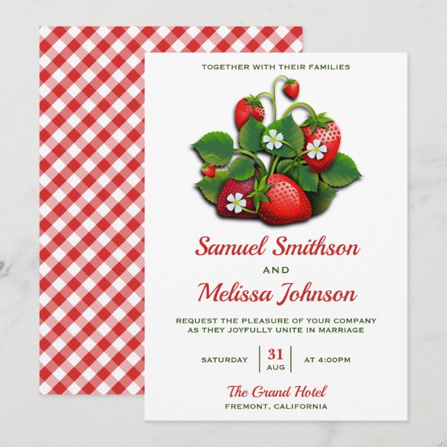 Invitación de boda con ramo de fresas rojas lindas (Anverso / Reverso)