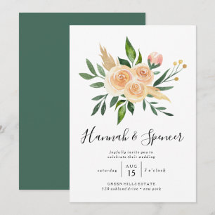 Invitación de boda con ramo de rosas melocotón