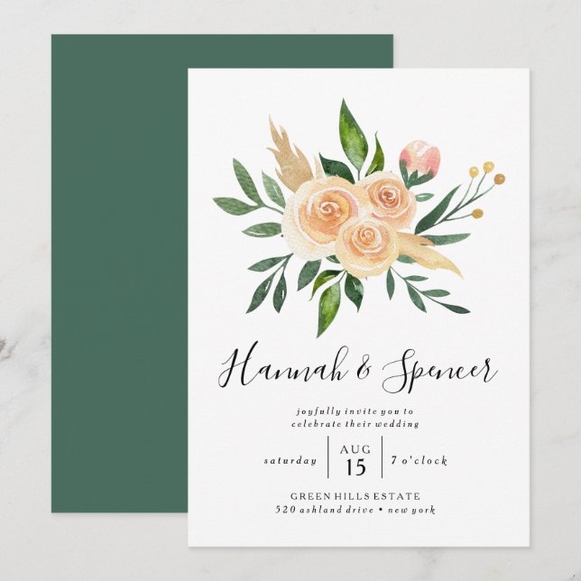 Invitación de boda con ramo de rosas melocotón (Anverso / Reverso)