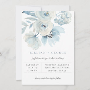 Invitación de boda con ramo floral azul aireado