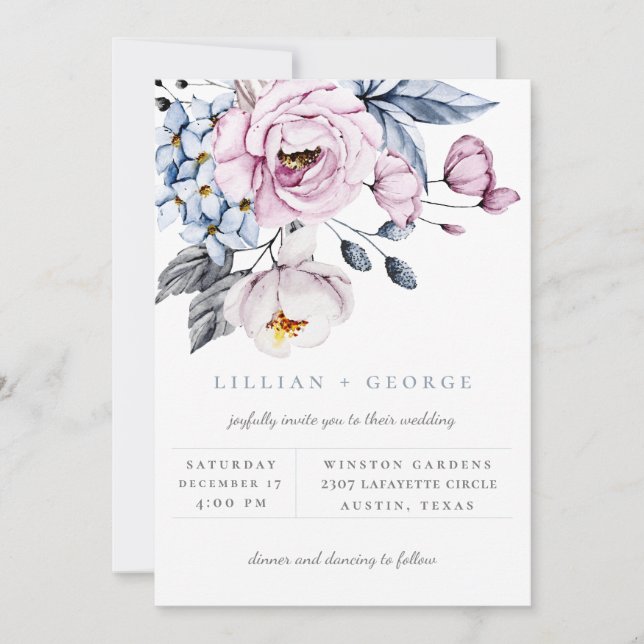 Invitación de boda con ramo floral azul sucio y ma (Anverso)