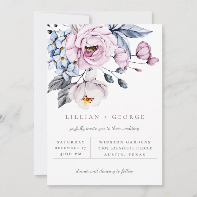 Invitación de boda con ramo floral en azul polvori (Anverso)