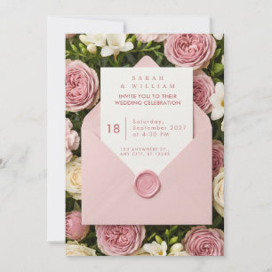 Invitación de boda con ramo floral y sello de cera