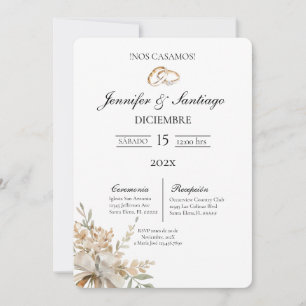 Invitación de boda con ramo y anillo