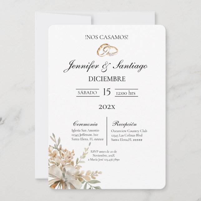 Invitación de boda con ramo y anillo (Anverso)