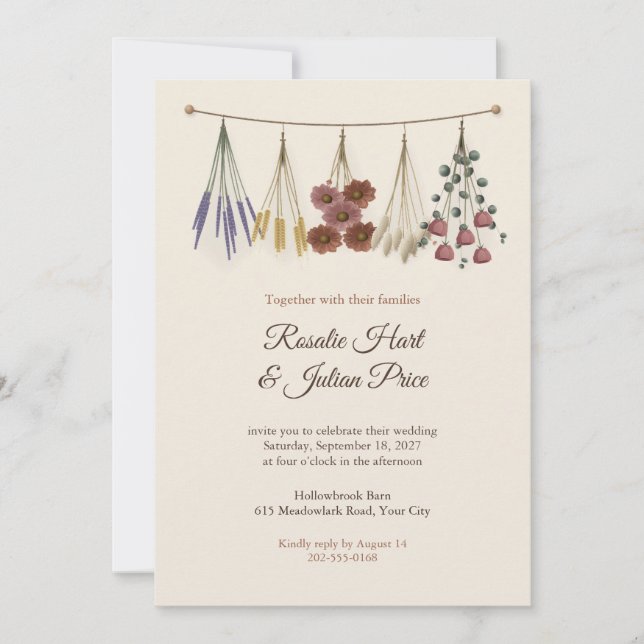 Invitación de boda con ramos de flores secas colga (Anverso)