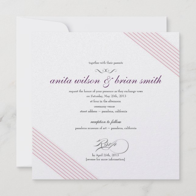 Invitación de boda con rayas diagonales moderna (Anverso)