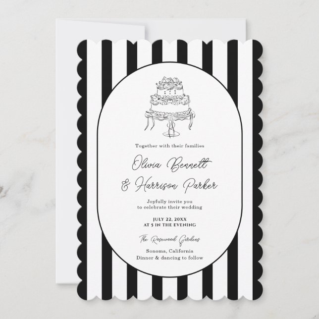 Invitación de boda con rayas negras y blancas con  (Anverso)