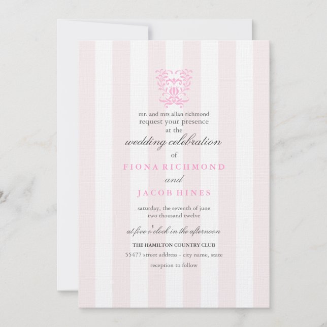 Invitación de boda con rayas rosadas y damasco (Anverso)