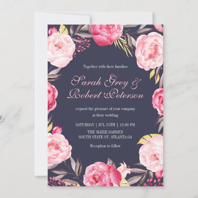 Invitación de boda con rayas y flores de rosa rosa (Anverso)