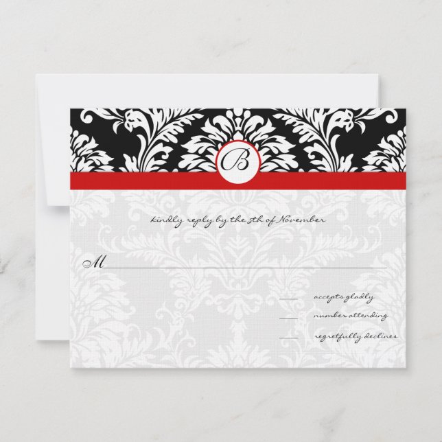 Invitación de boda con remate rojo y remolinos de  (Anverso)