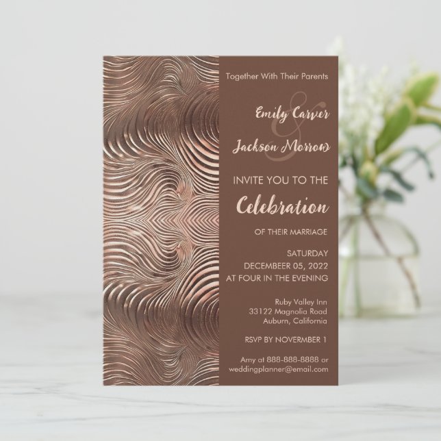 Invitación de boda con remolino de oro rosa (Anverso de pie)