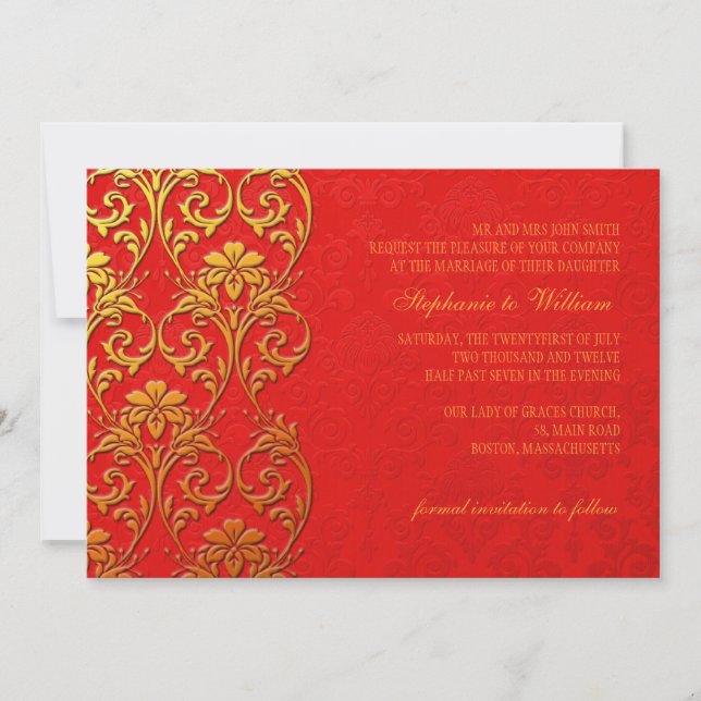 Invitación de boda con remolino rojo y dorado (Anverso)
