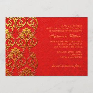 Invitación de boda con remolino rojo y dorado