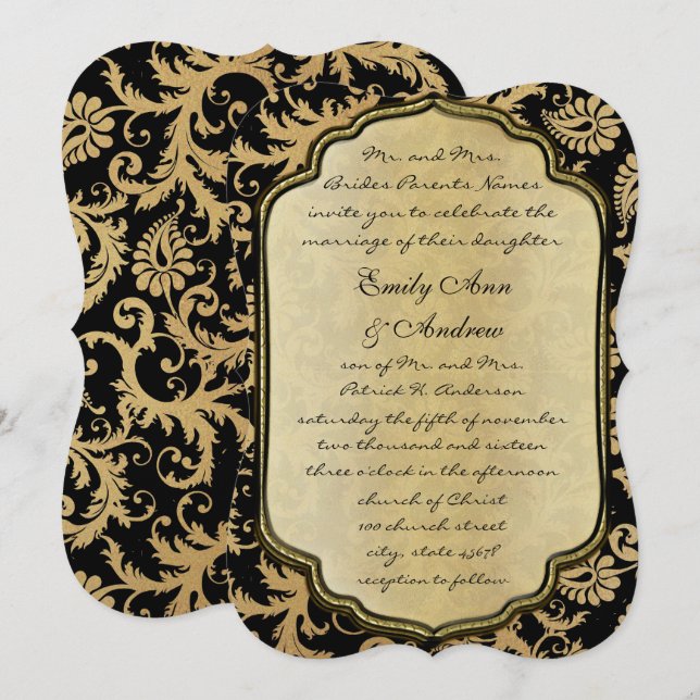 Invitación de boda con remolinos de damasco dorado (Anverso / Reverso)