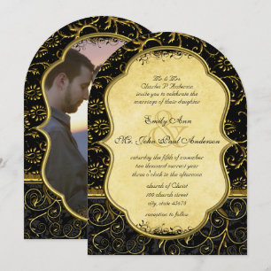 Invitación de boda con remolinos de damasco dorado