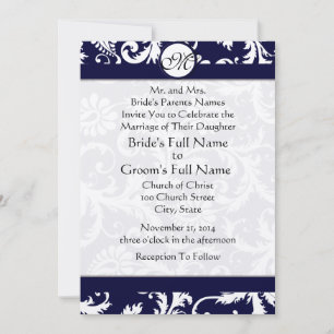 Invitación de boda con remolinos de damasco naval