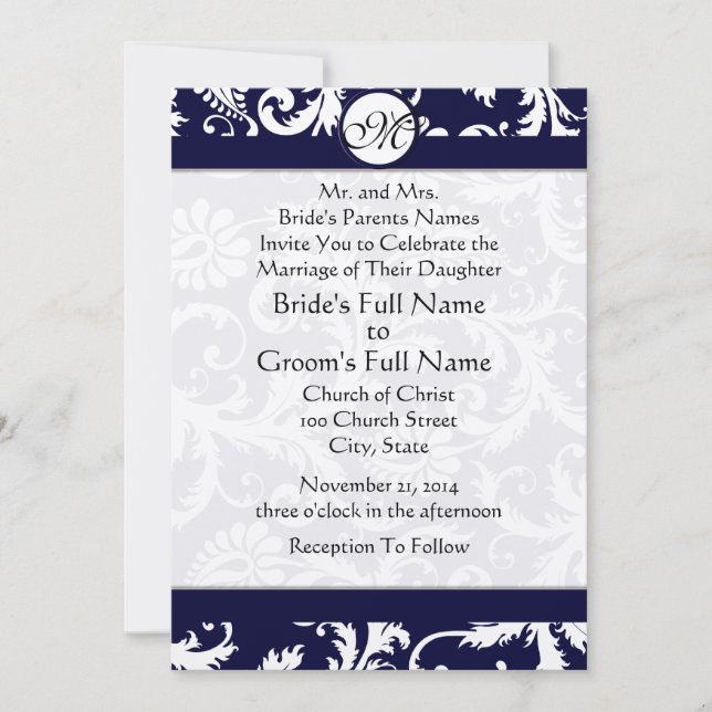 Invitación de boda con remolinos de damasco naval (Anverso)