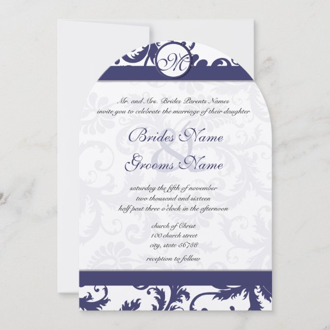 Invitación de boda con remolinos de damasco navy v (Anverso)