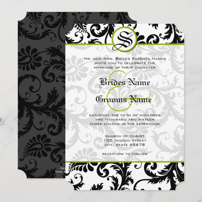 Invitación de Boda con Remolinos de Damasco Verde  (Anverso / Reverso)