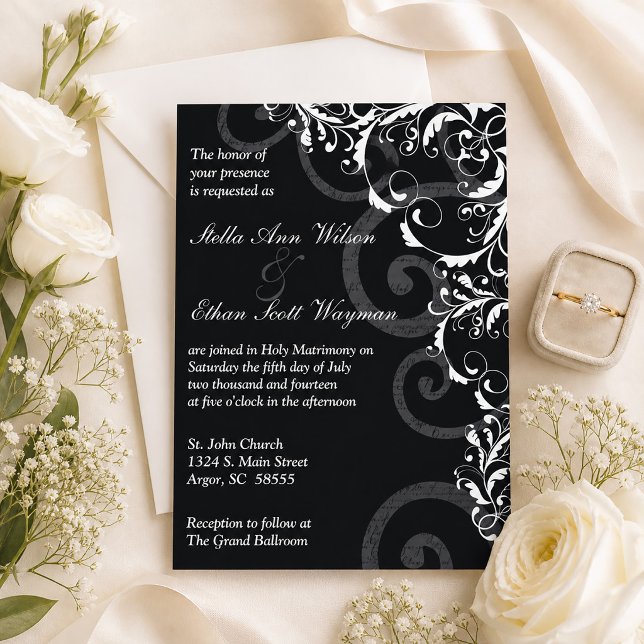Invitación de Boda con Remolinos en Blanco y Negro (Black and White Flourish Wedding Invitation)