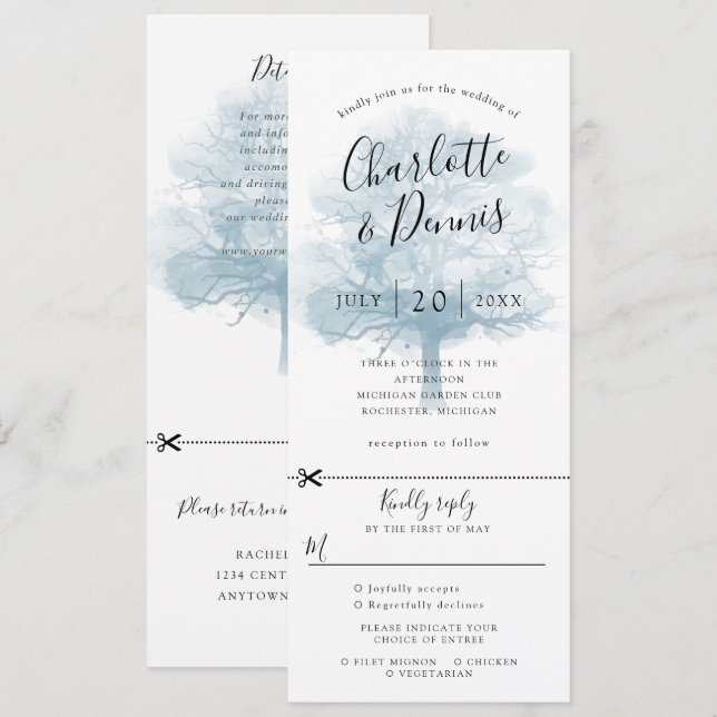 Invitación de boda con roble azul con RSVP adjunto (Anverso / Reverso)