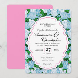 Invitación de boda con rosa azul y blanca con bord