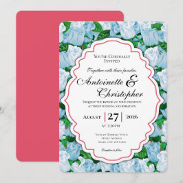 Invitación de boda con rosa azul y blanca con bord