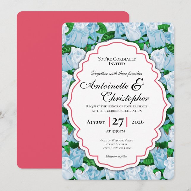 Invitación de boda con rosa azul y blanca con bord (Anverso / Reverso)