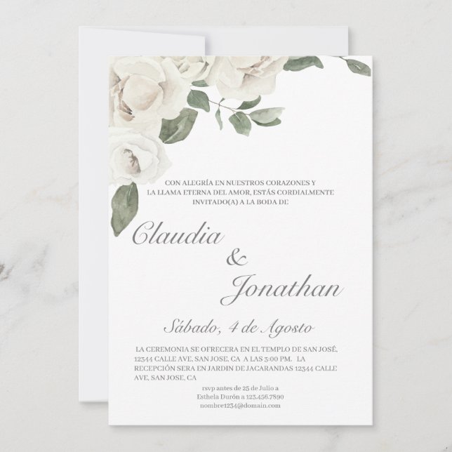 Invitación de boda con rosa blanca (Anverso)