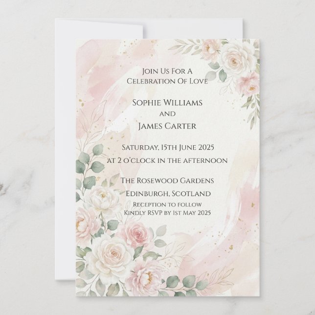 Invitación de boda con rosa blanca sonrojada (Anverso)