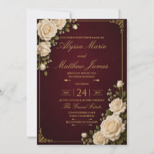 Invitación de boda con rosa blanca y borgoña y oro