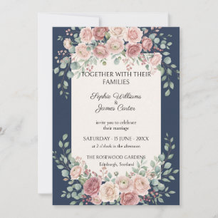 Invitación de boda con rosa de color rosa naval y