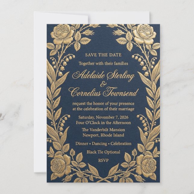 Invitación de boda con rosa de hoja de oro y azul  (Anverso)