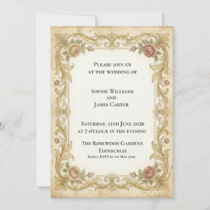 Invitación de boda con rosa dorada victoriana