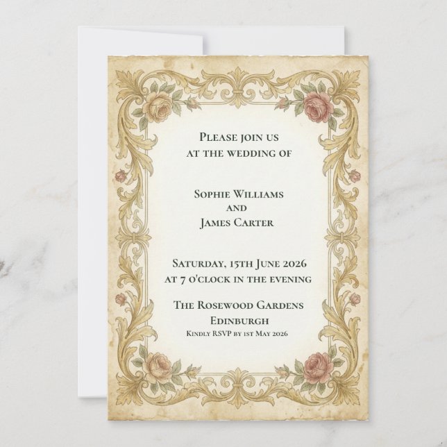 Invitación de boda con rosa dorada victoriana (Anverso)