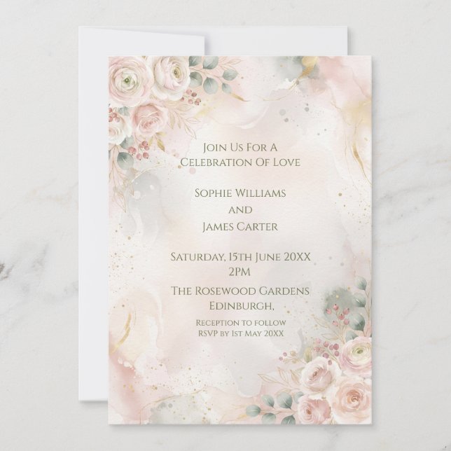 Invitación de boda con rosa melocotón (Anverso)