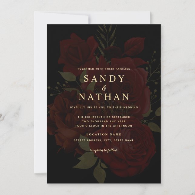 Invitación de boda con rosa roja romántica (Anverso)