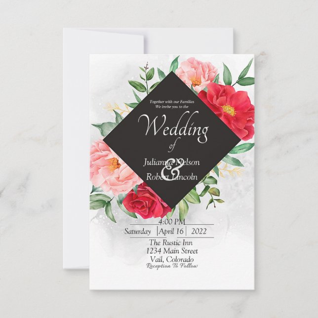 Invitación de boda con rosa roja y negra (Anverso)