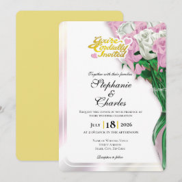 Invitación de boda con rosa rosa - Letras doradas 