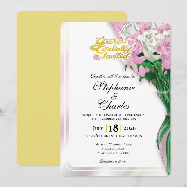 Invitación de boda con rosa rosa - Letras doradas  (Anverso / Reverso)