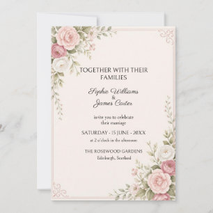Invitación de boda con rosa sonrojada y eucalipto