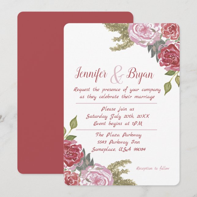 Invitación de boda con rosas acuarela (Anverso / Reverso)