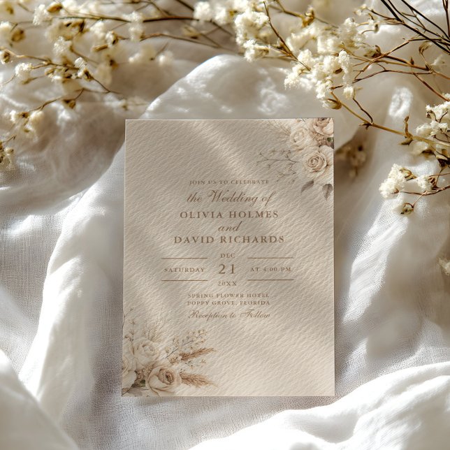 Invitación de Boda con Rosas Blancas Beige Rústica (Rustic Beige Dried Flower & White Roses Wedding Invitation on a sunny table with white dry flowers.)