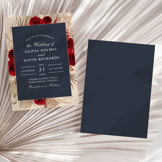 Invitación de Boda con Rosas Borgoña Azul Medianoc (Midnight Blue Burgundy Roses Wedding Invitation on a sunny white dry palm leaf.)